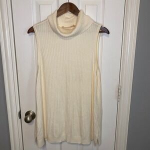 Soft Surroundings  Sweater Top Womens 1X Cream Ribbed Cowl Neck Sleeveless Ivory